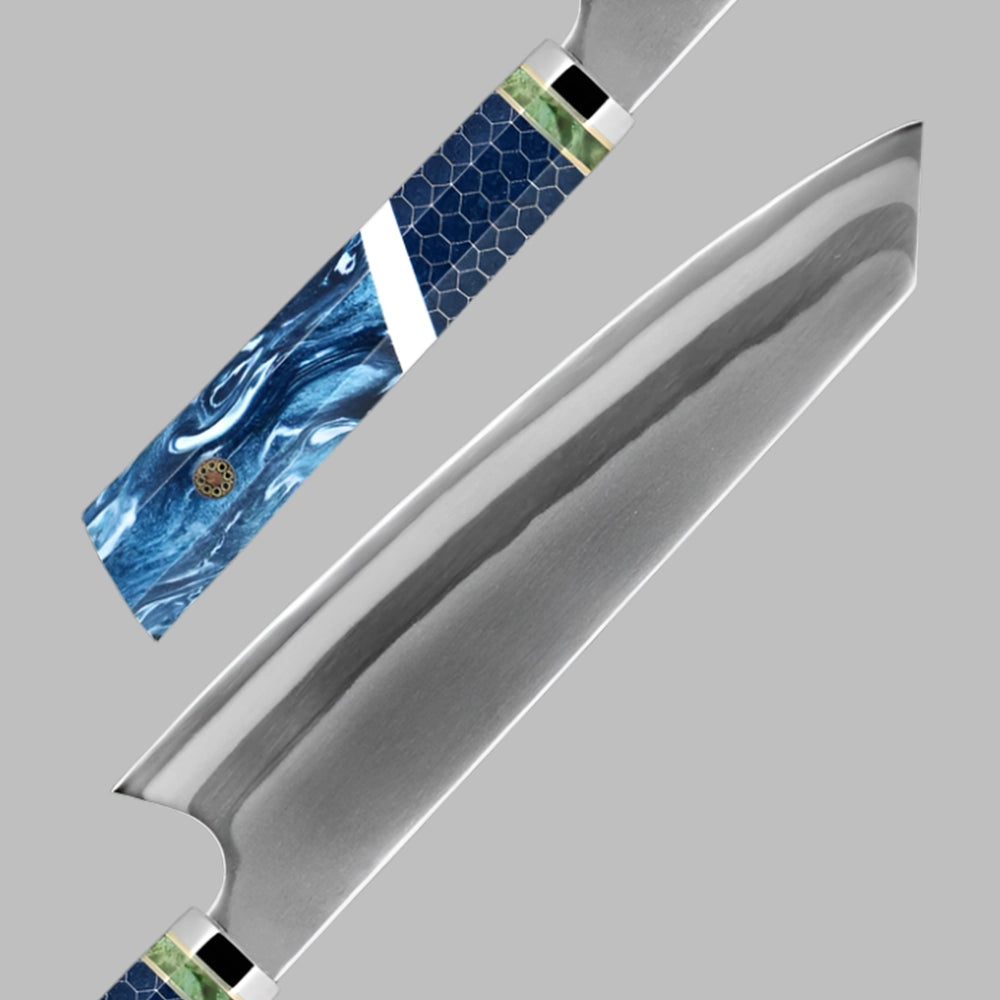 8 Inch Kiritsuke Damascus Steel with Blue Resin Honeycomb Handle