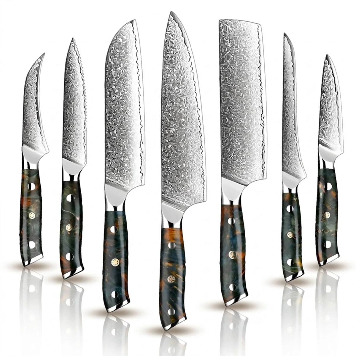 A set of Damascus steel kitchen knives with various blade lengths and wooden handles.