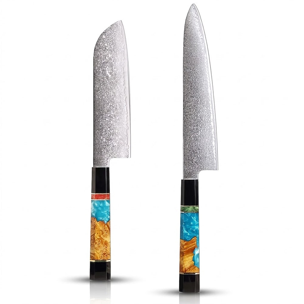 Two knives with decorative handles on a white background