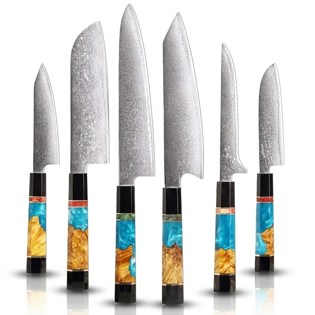Set of five knives with decorative handles on a white background