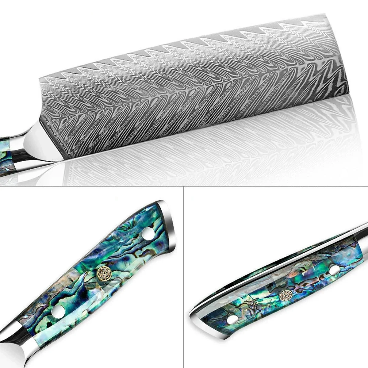 Collage of a Damascus steel knife with detailed pattern and a knife handle with abalone shell inlay.