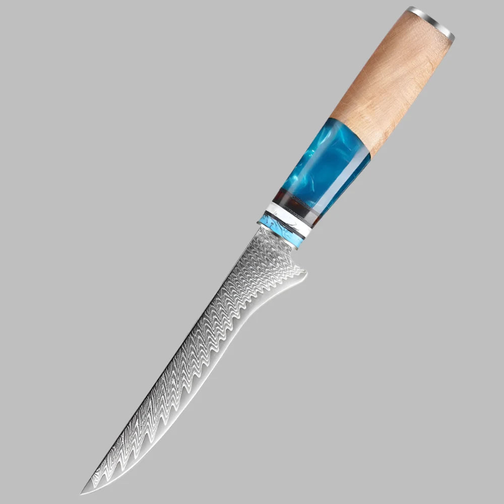 Damascus Steel 6 Inch Boning Knife with Coloured Blue Resin Handle