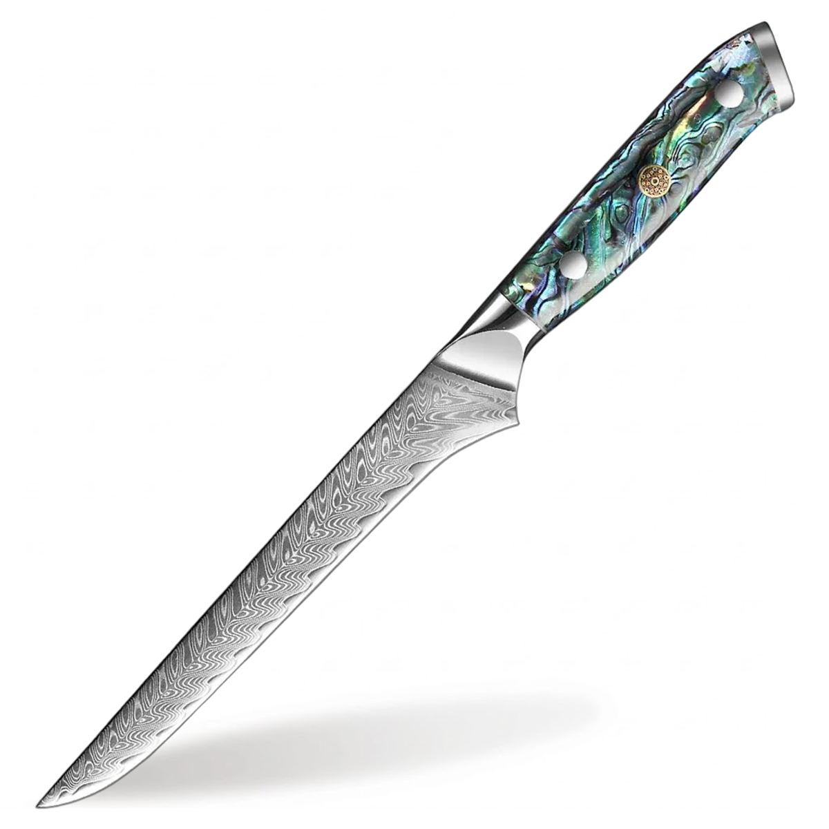 Decorative knife with a detailed blade and abalone shell handle on a white background
