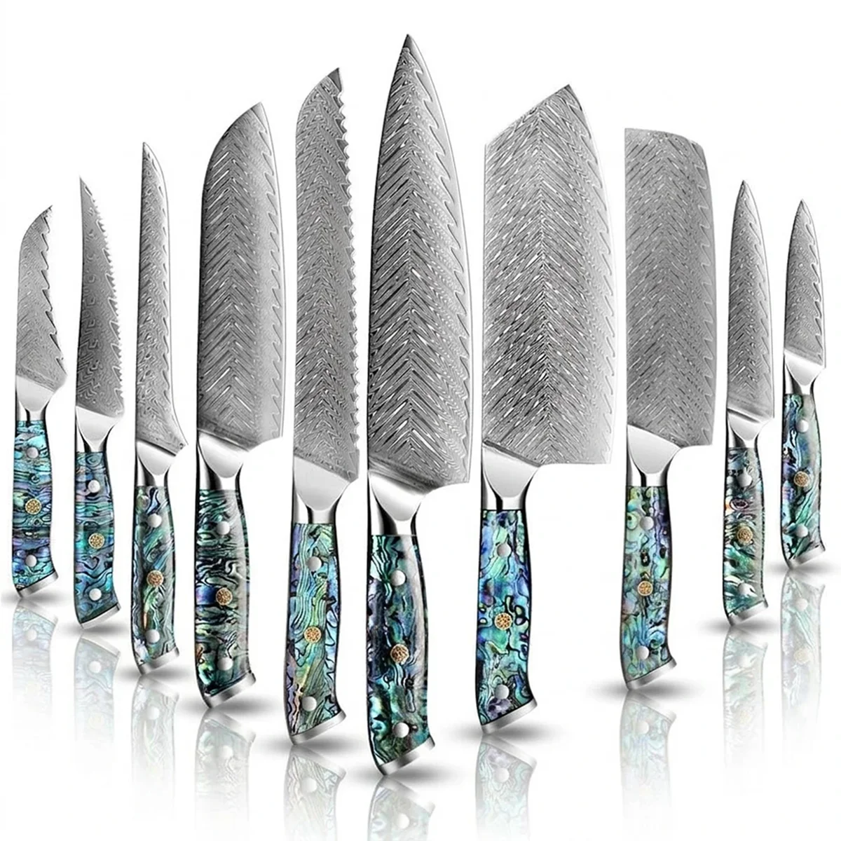 Set of knives with decorative handles on a white background