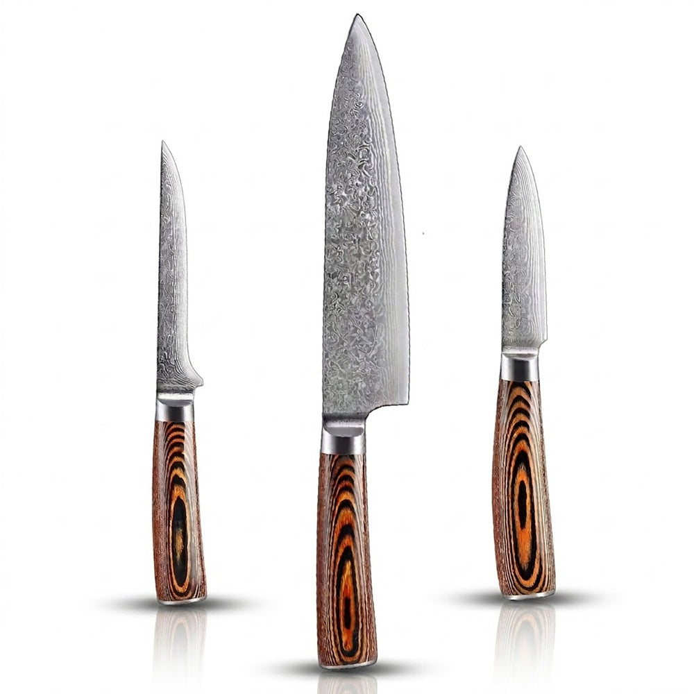Three knives with wooden handles on a white background