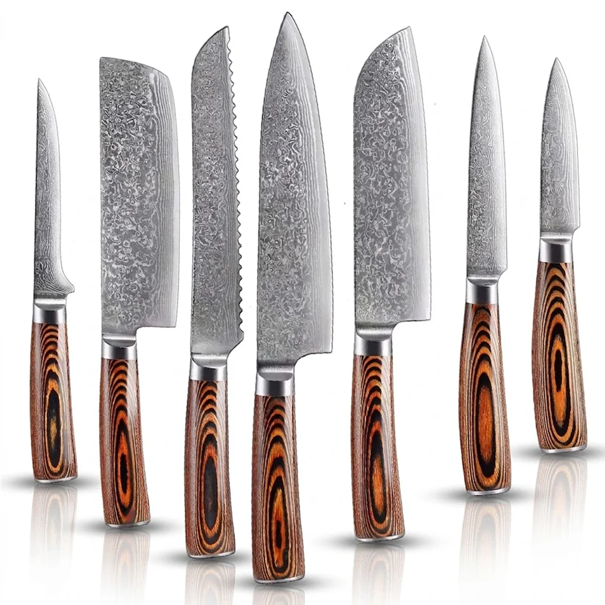 A set of seven kitchen knives with Damascus steel blades and wooden handles, displayed side by side against a grey background.
