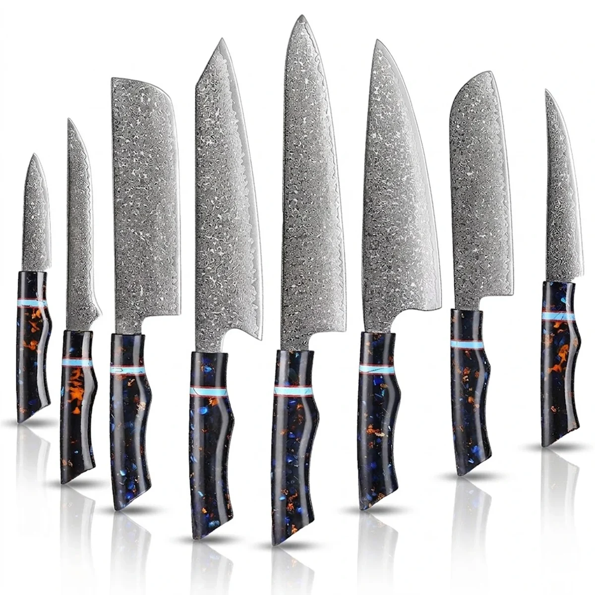 Damascus Steel Kitchen Knives Set With Turquoise Embellishment