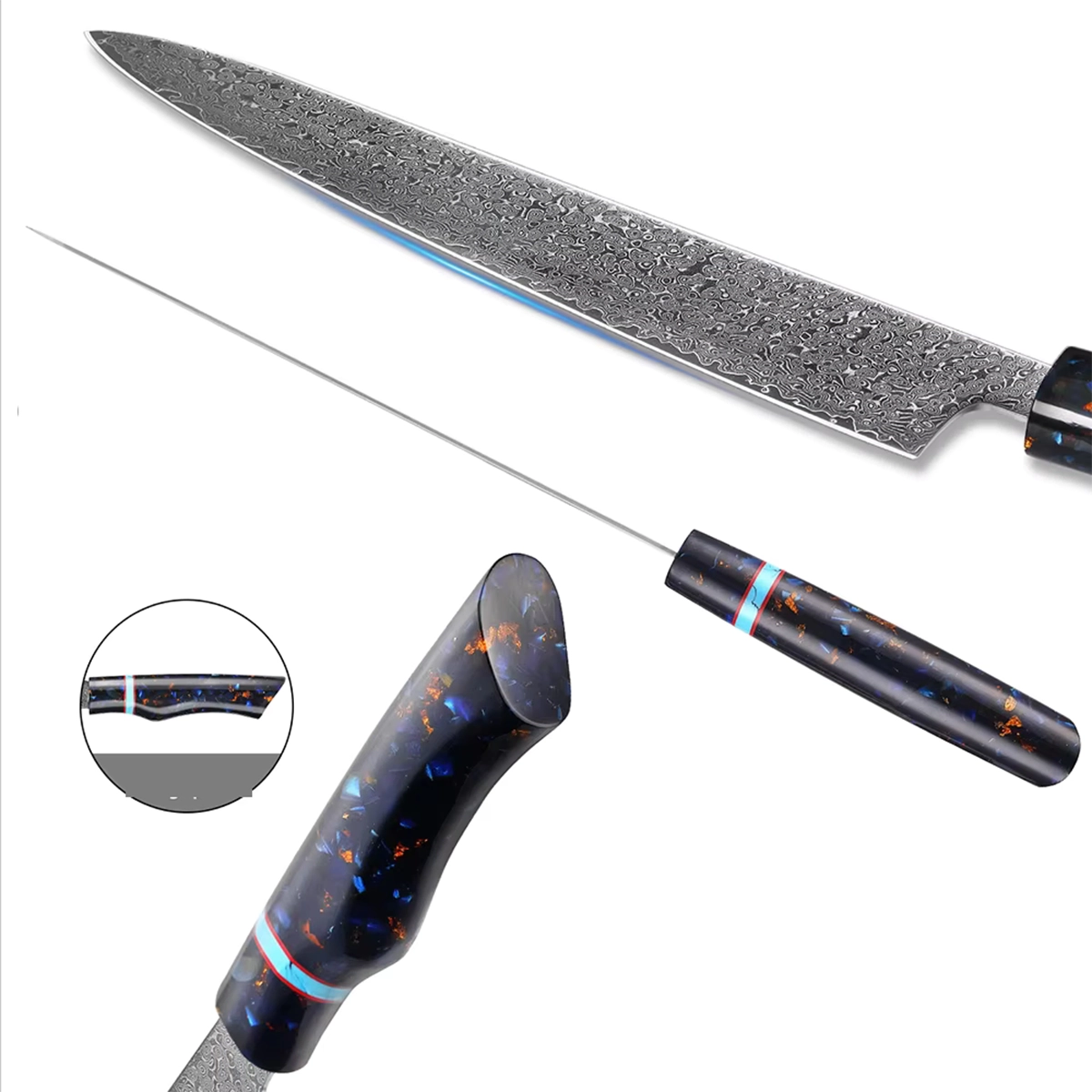 Damascus Steel Kitchen Knives Set With Turquoise Embellishment