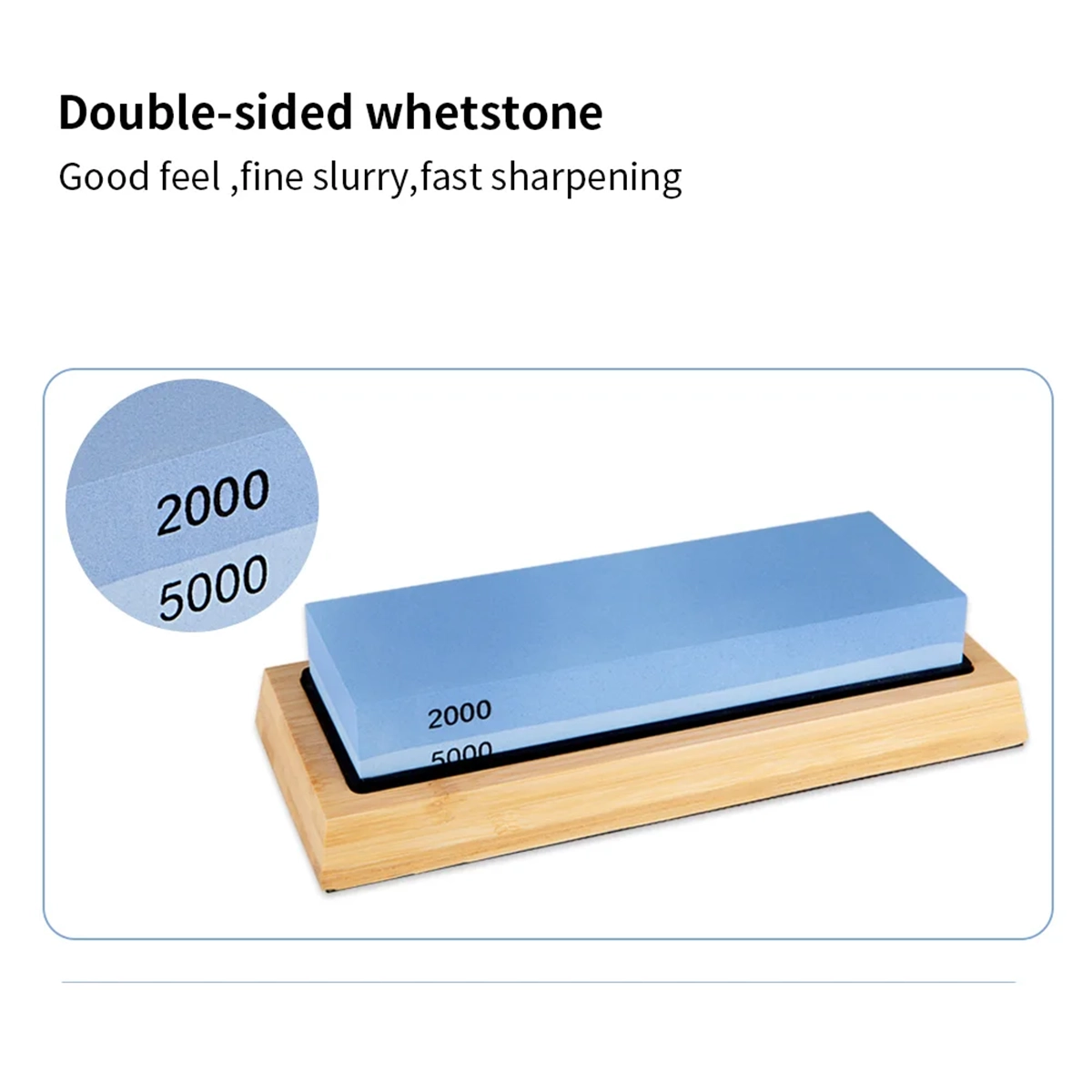 Double-sided whetstone with 2000 and 5000 grit on a wooden stand, labeled for sharpening tools.