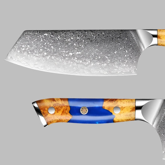 Deluxe Damascus Steel Chef’s Knife Set With Resin And Wood Blue Handle