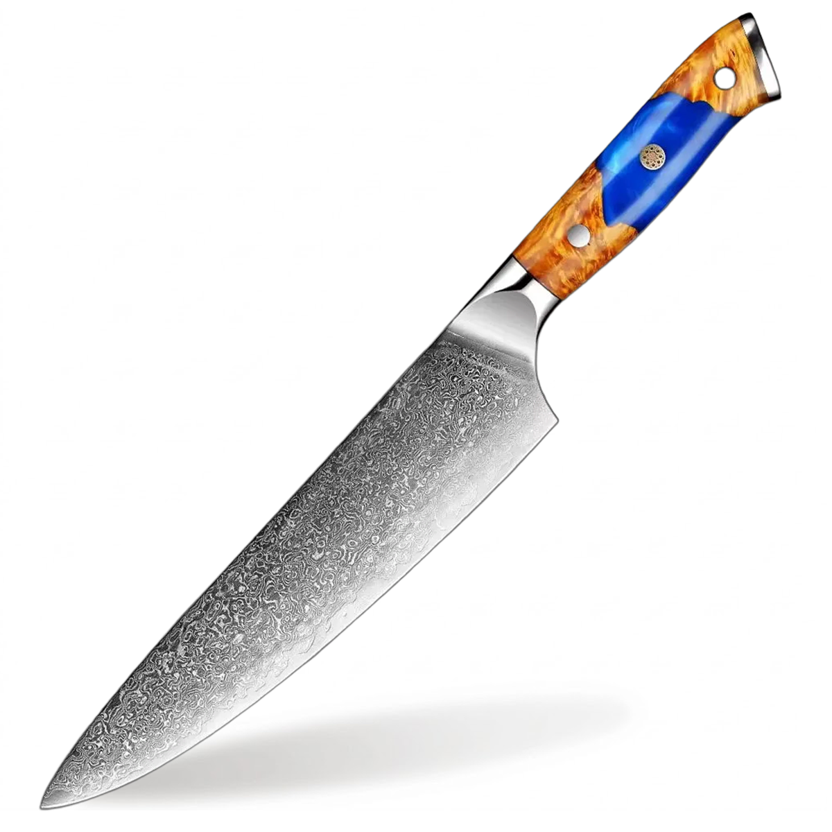 Deluxe Damascus Steel 8 Inch Chef Knife With Resin And Wood Blue Handle