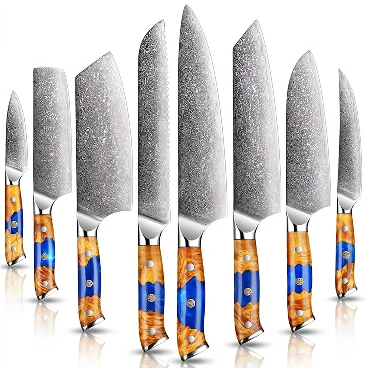 Deluxe Damascus Steel Chef’s Knife Set With Resin And Wood Blue Handle