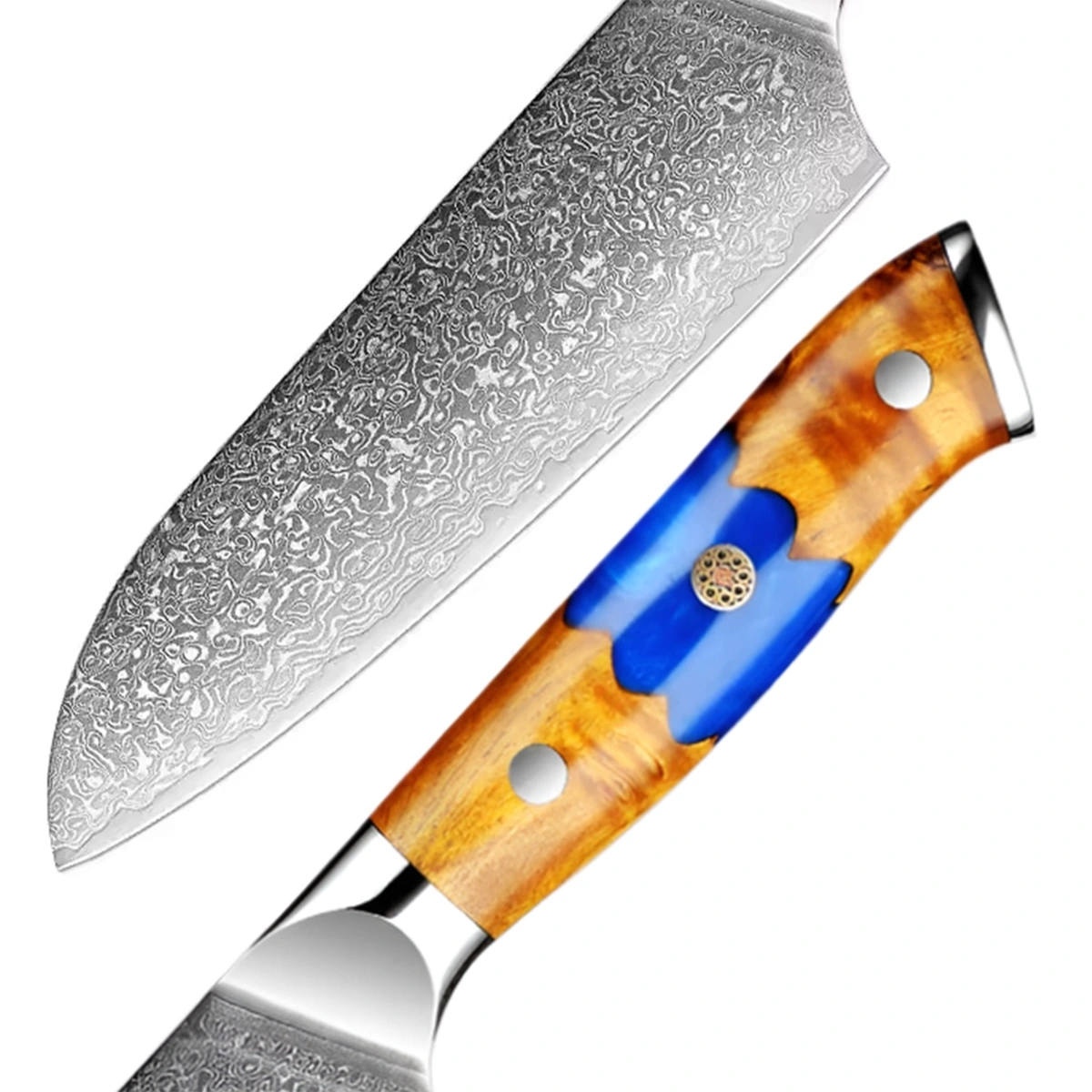 Deluxe Damascus Steel Chef’s Knife Set With Resin And Wood Blue Handle