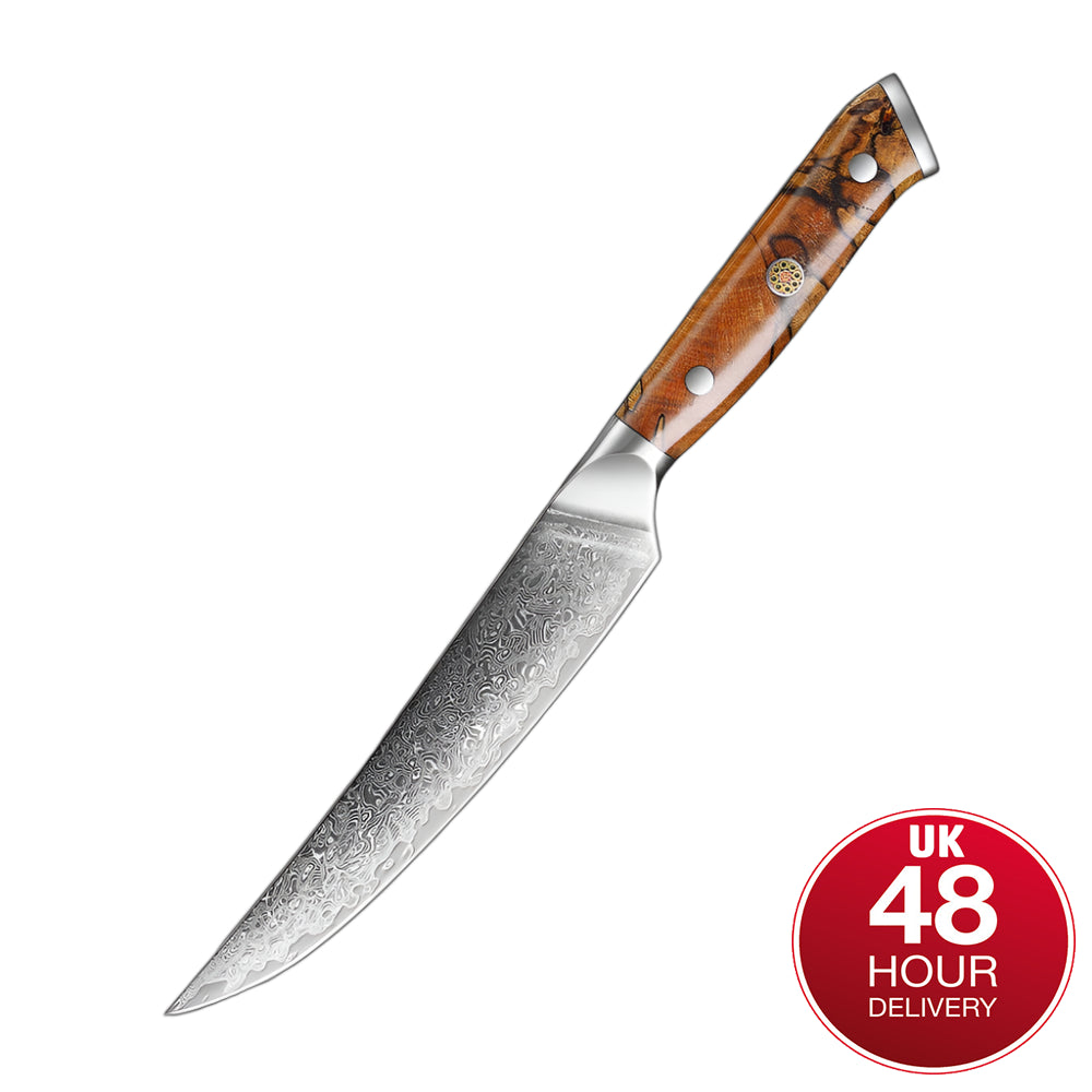 sharp blades 5 inch utility knife with a wooden handle on a gray background, featuring a '48 Hour Delivery' badge.