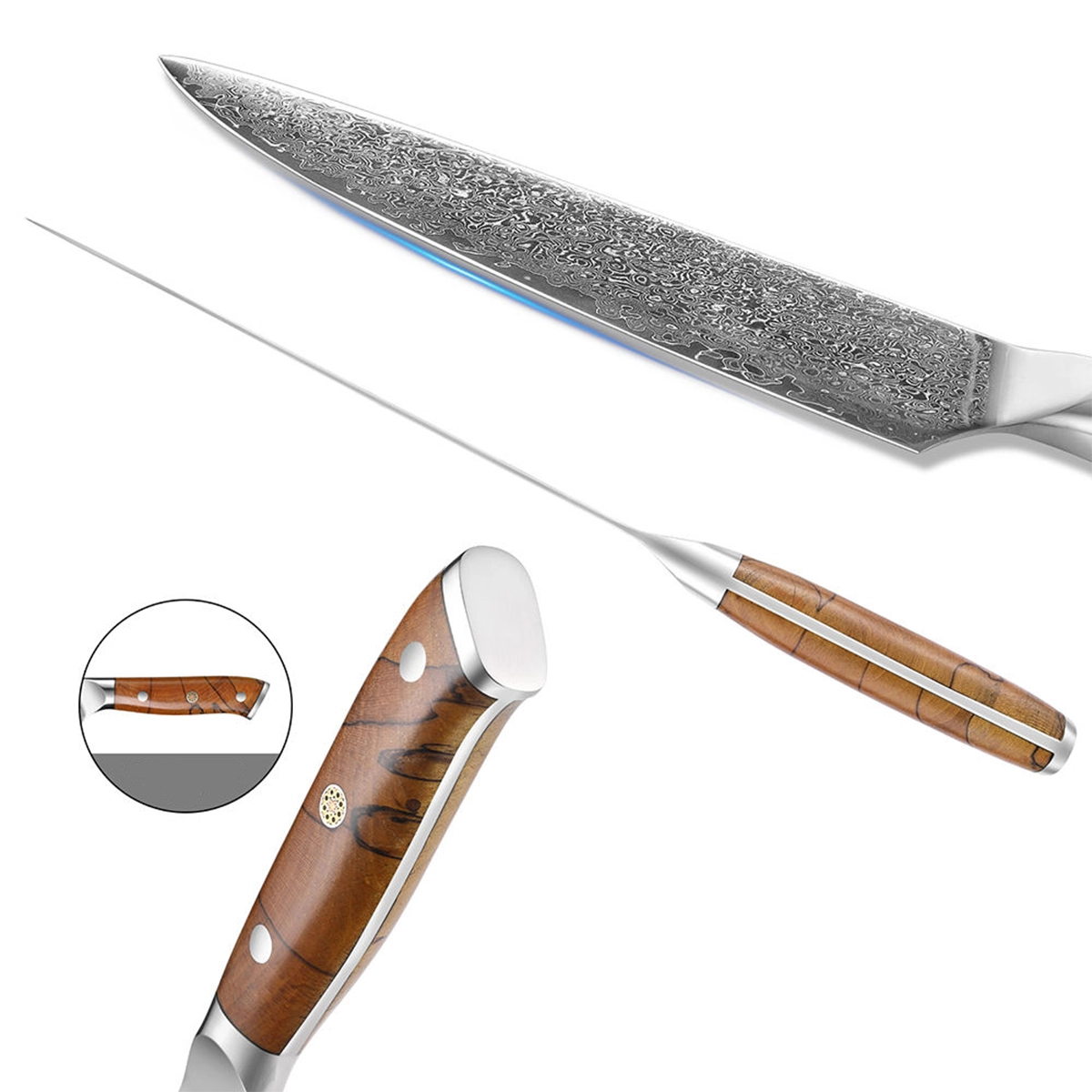 close up of the handle and blade of a Japanese VG10 Damascus Kitchen Knife Classic Riveted Wood Handle