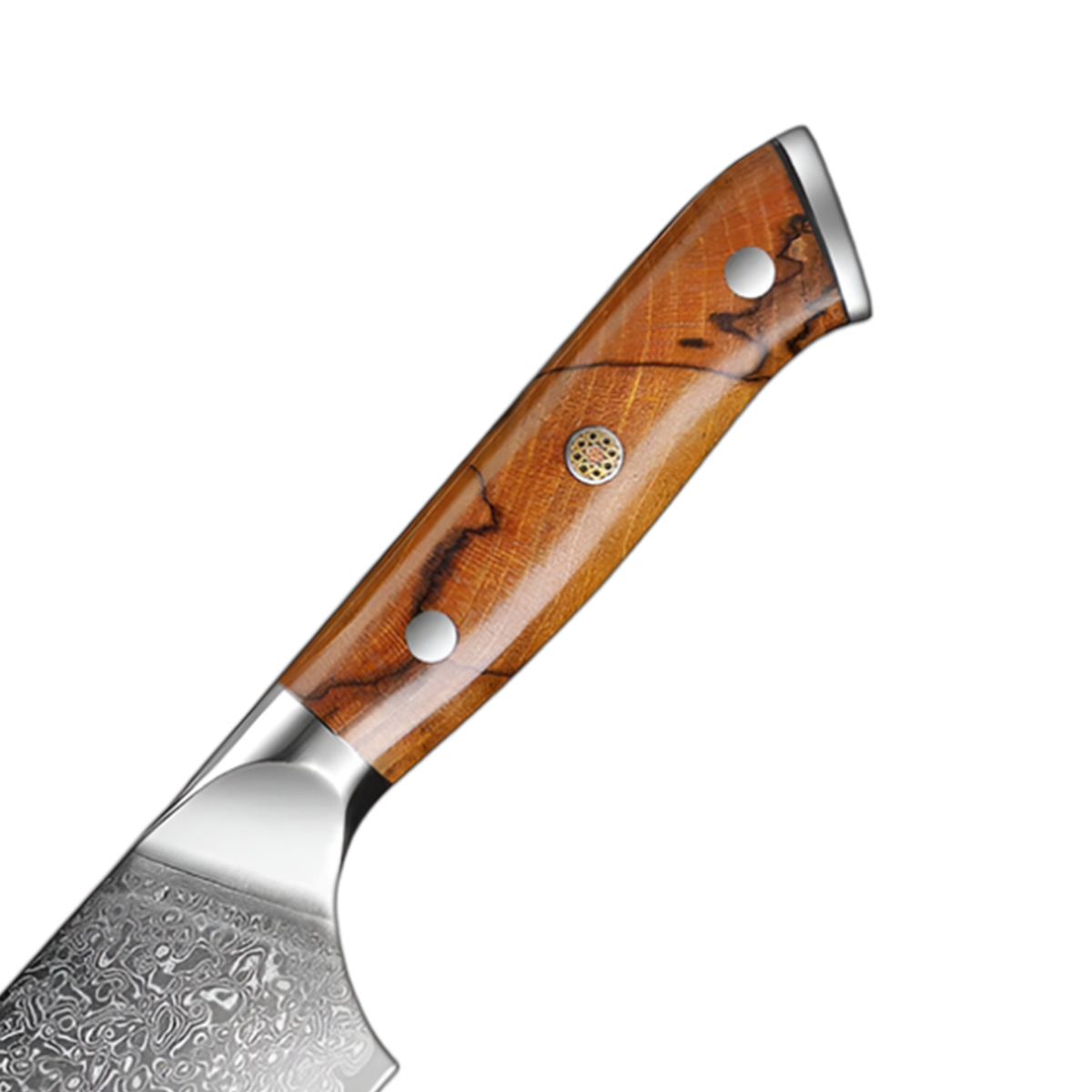 close up of the handle of a Japanese VG10 Damascus Kitchen Knife Classic Riveted Wood Handle