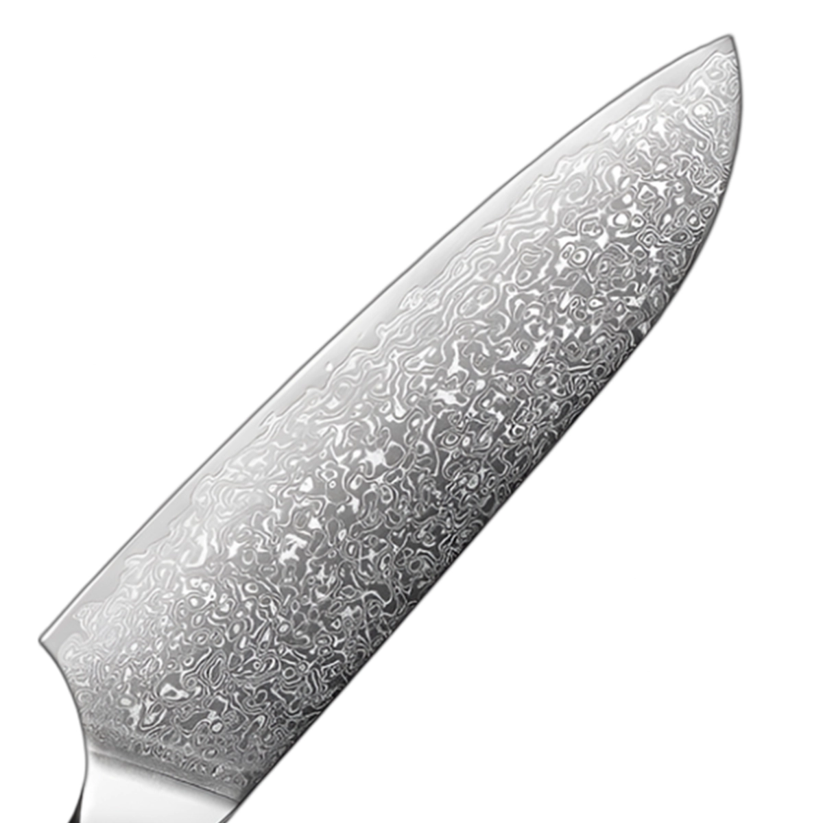 close up of the blade of a Japanese VG10 Damascus Kitchen Knife Classic Riveted Wood Handle