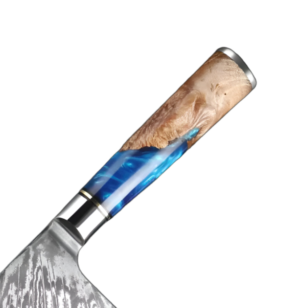7 Inch Damascus Steel Cleaver Knife With Blue Resin Handle