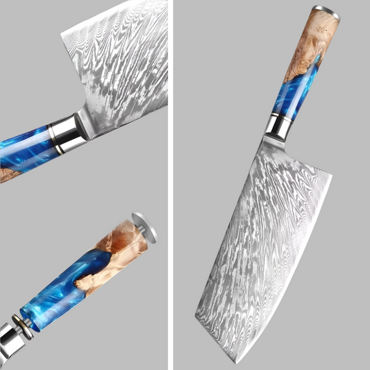 7 Inch Damascus Steel Cleaver Knife With Blue Resin Handle