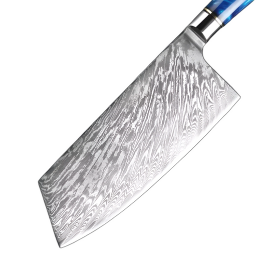 7 Inch Damascus Steel Cleaver Knife With Blue Resin Handle