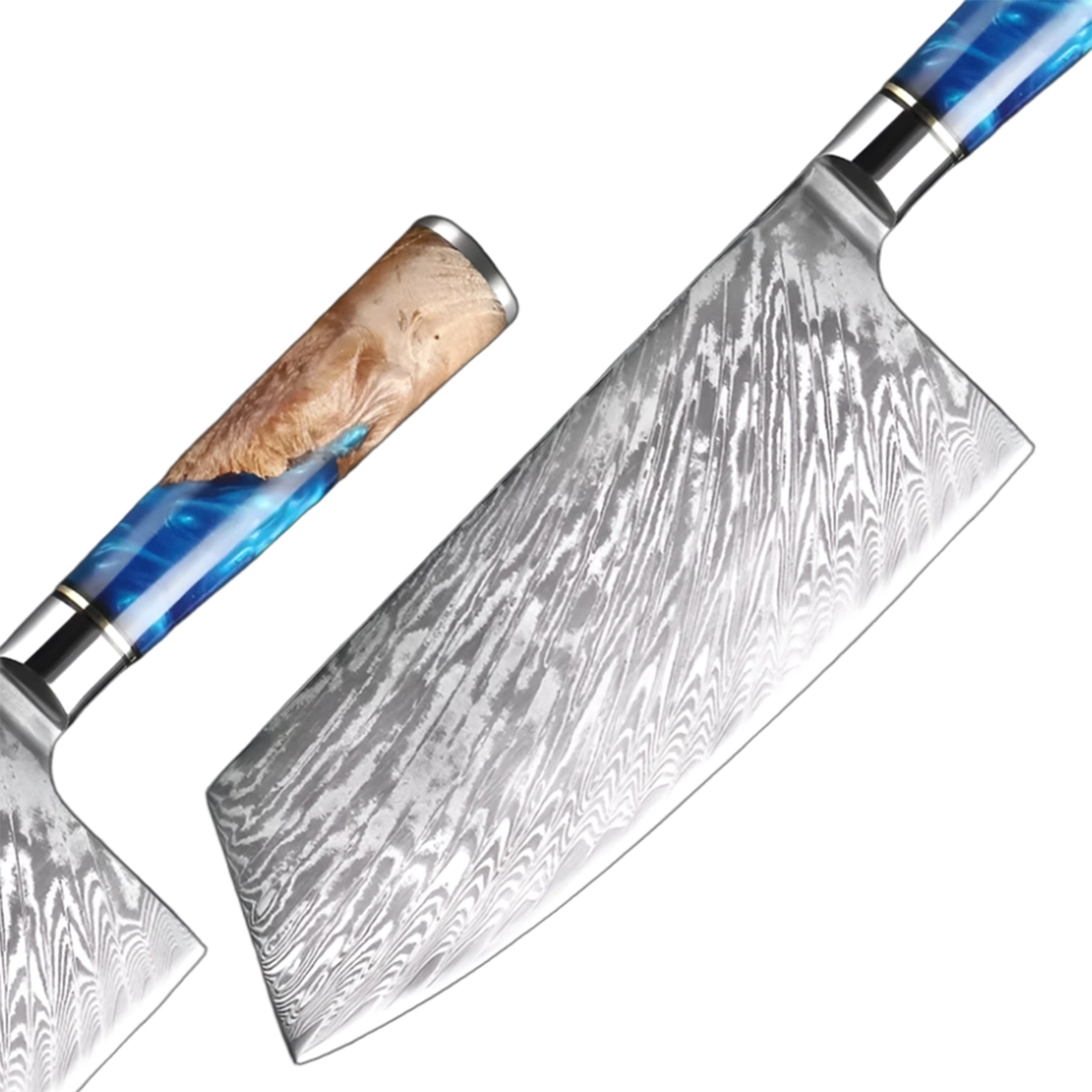 7 Inch Damascus Steel Cleaver Knife With Blue Resin Handle