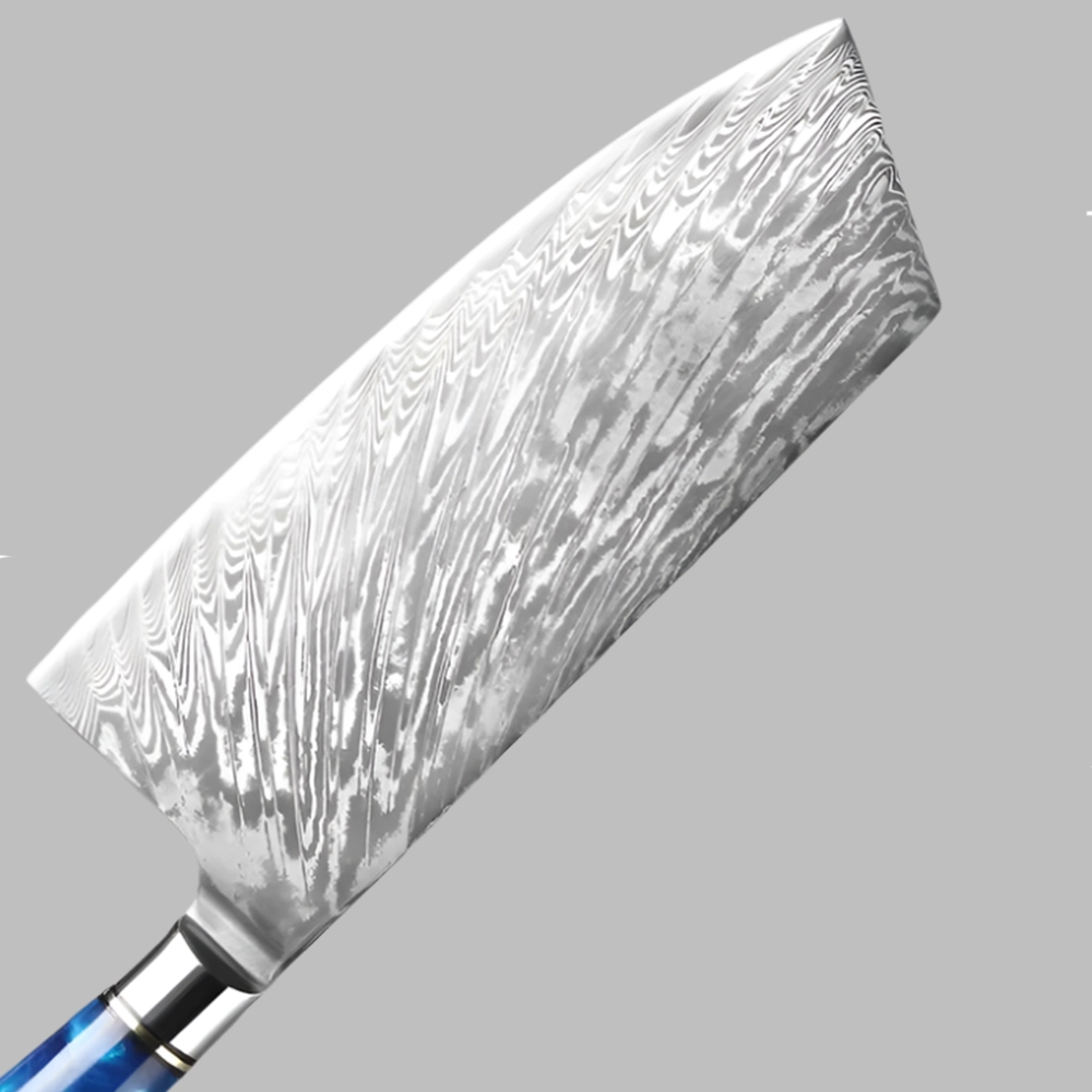 7 Inch Damascus Steel Cleaver Knife With Blue Resin Handle