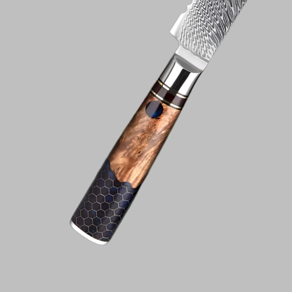 8 Inch Damascus Bread Knife with Mesh Honeycomb Resin Wood Handle
