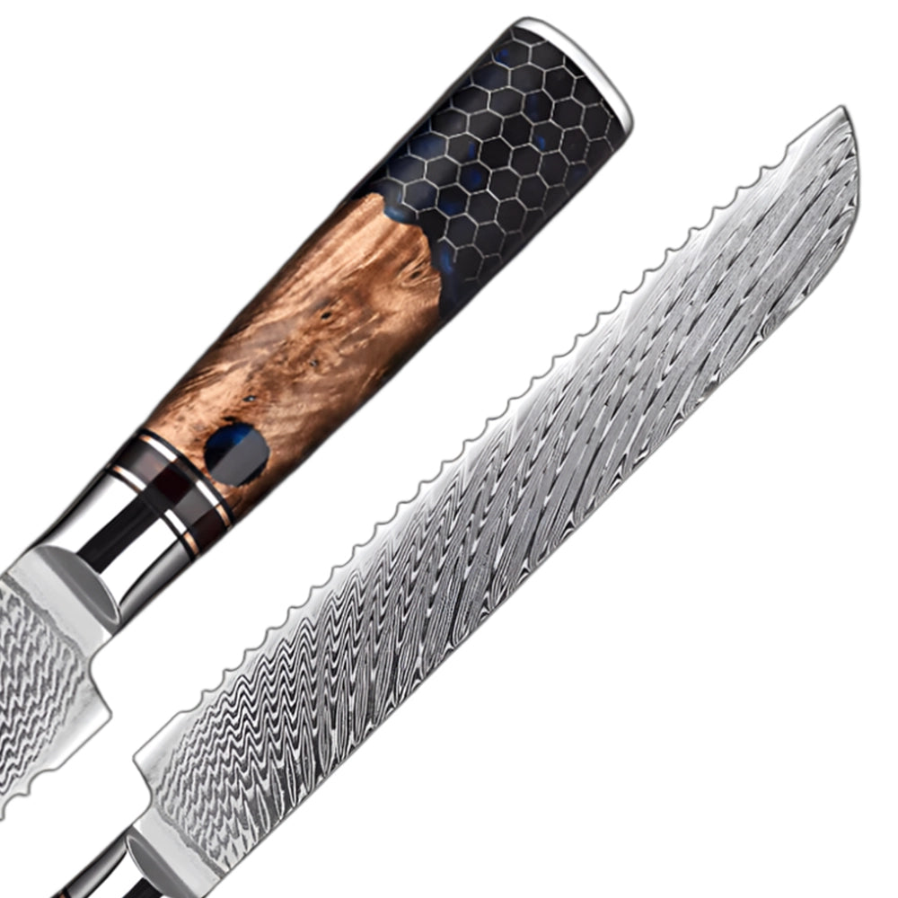 8 Inch Damascus Bread Knife with Mesh Honeycomb Resin Wood Handle