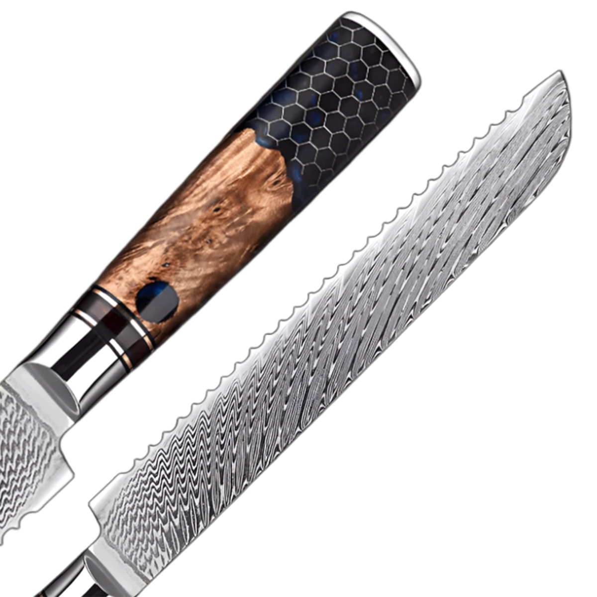 8 Inch Damascus Bread Knife with Mesh Honeycomb Resin Wood Handle