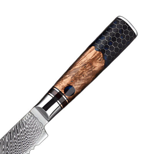 8 Inch Damascus Bread Knife with Mesh Honeycomb Resin Wood Handle