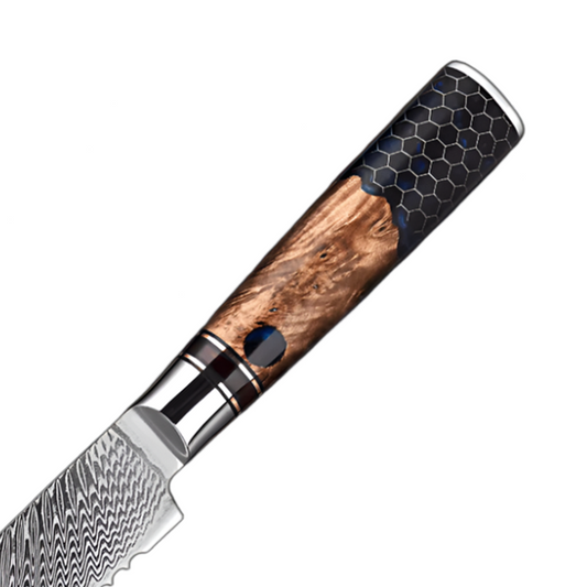 8 Inch Damascus Bread Knife with Mesh Honeycomb Resin Wood Handle