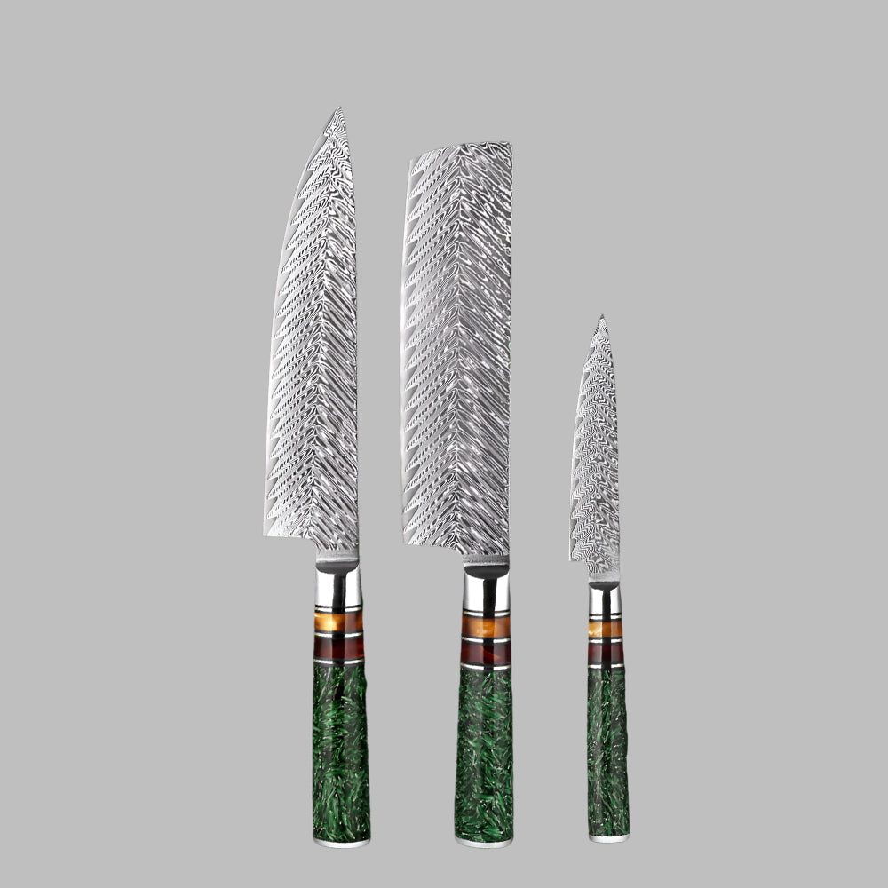 Damascus Steel 8 Inch Chef knife, 7 Inch Nakiri knife and a 5 Inch Utility knife with Green Resin Handle
