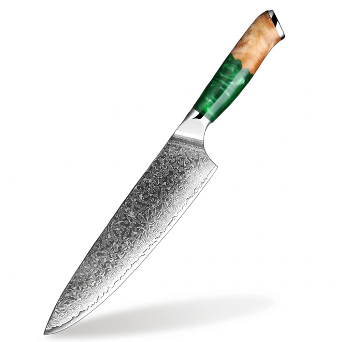8 Inch Damascus Chef Knife with Stabilized Green Resin Handle