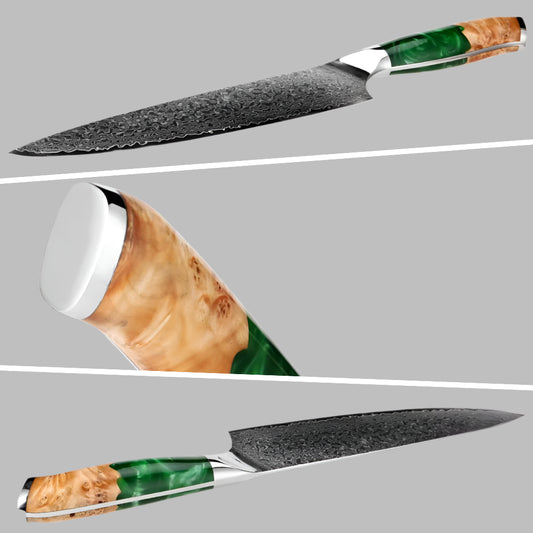 8 Inch Damascus Chef Knife with Stabilized Green Resin Handle