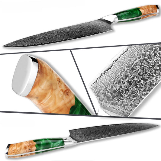 8 Inch Damascus Chef Knife with Stabilized Green Resin Handle