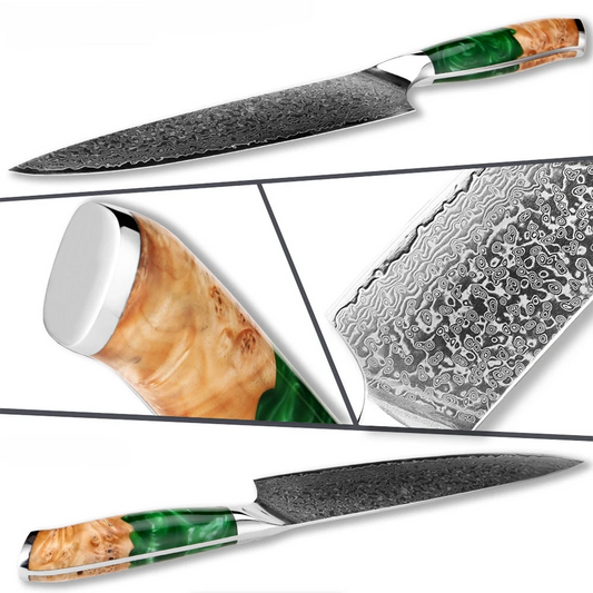 8 Inch Damascus Chef Knife with Stabilized Green Resin Handle