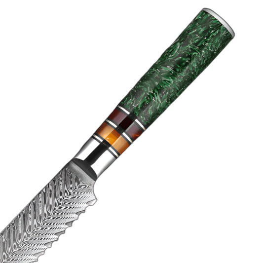 7.5 Inch Damascus Bread Knife with Grain Shell Resin Handle