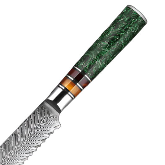 7.5 Inch Damascus Bread Knife with Grain Shell Resin Handle