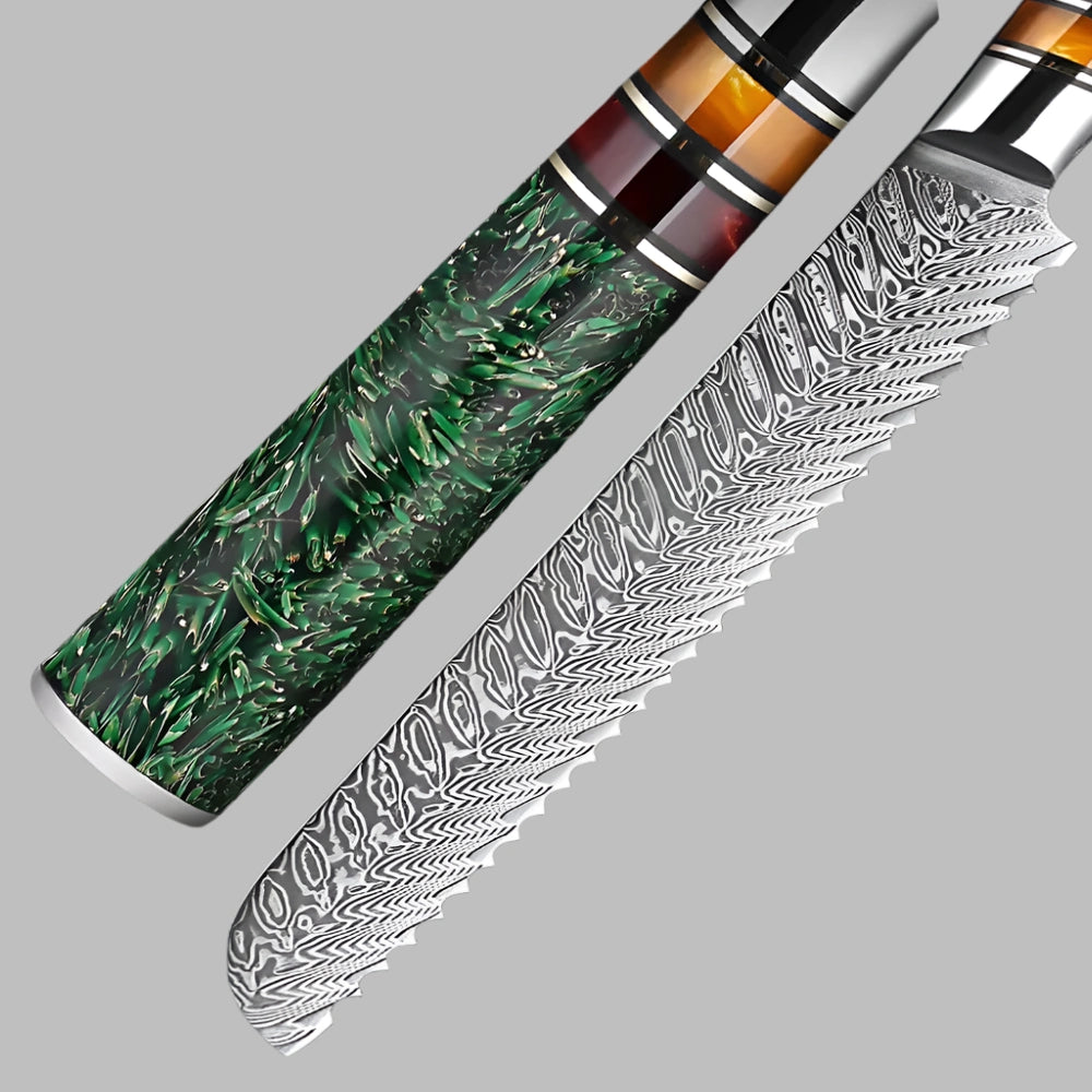 7.5 Inch Damascus Bread Knife with Grain Shell Resin Handle