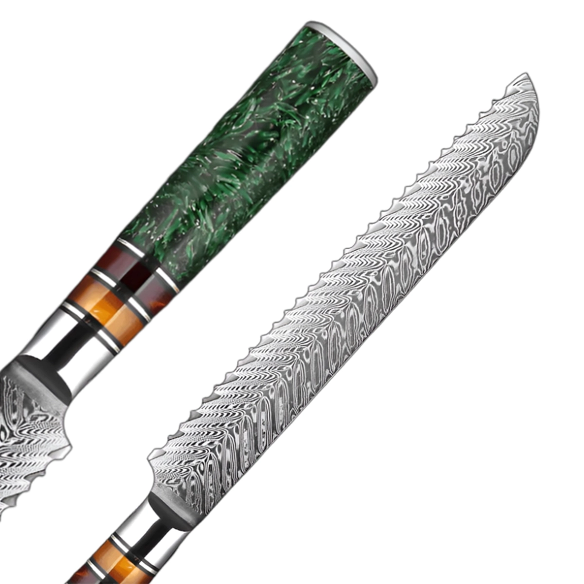 7.5 Inch Damascus Bread Knife with Grain Shell Resin Handle
