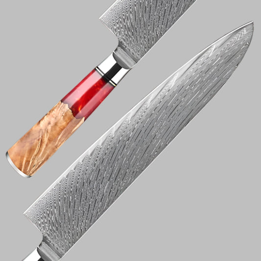 9 Inch Damascus Chef Knife with Red Resin Ergonomic Handle