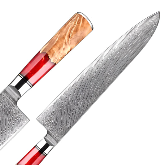9 Inch Damascus Chef Knife with Red Resin Ergonomic Handle