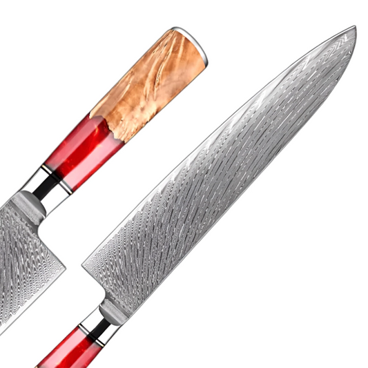 9 Inch Damascus Chef Knife with Red Resin Ergonomic Handle