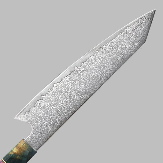 8 Inch Damascus Kiritsuke Knife With Octagonal Stabilized Wood Handle