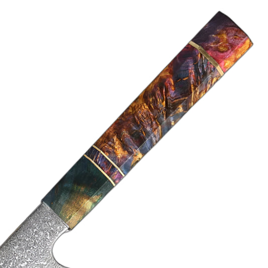 8 Inch Damascus Kiritsuke Knife With Octagonal Stabilized Wood Handle