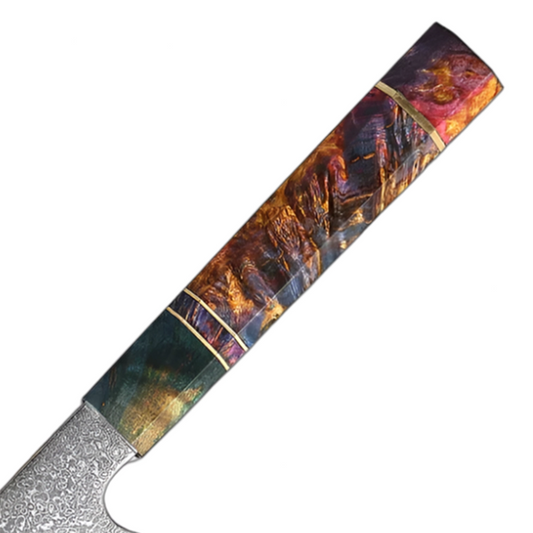 8 Inch Damascus Kiritsuke Knife With Octagonal Stabilized Wood Handle