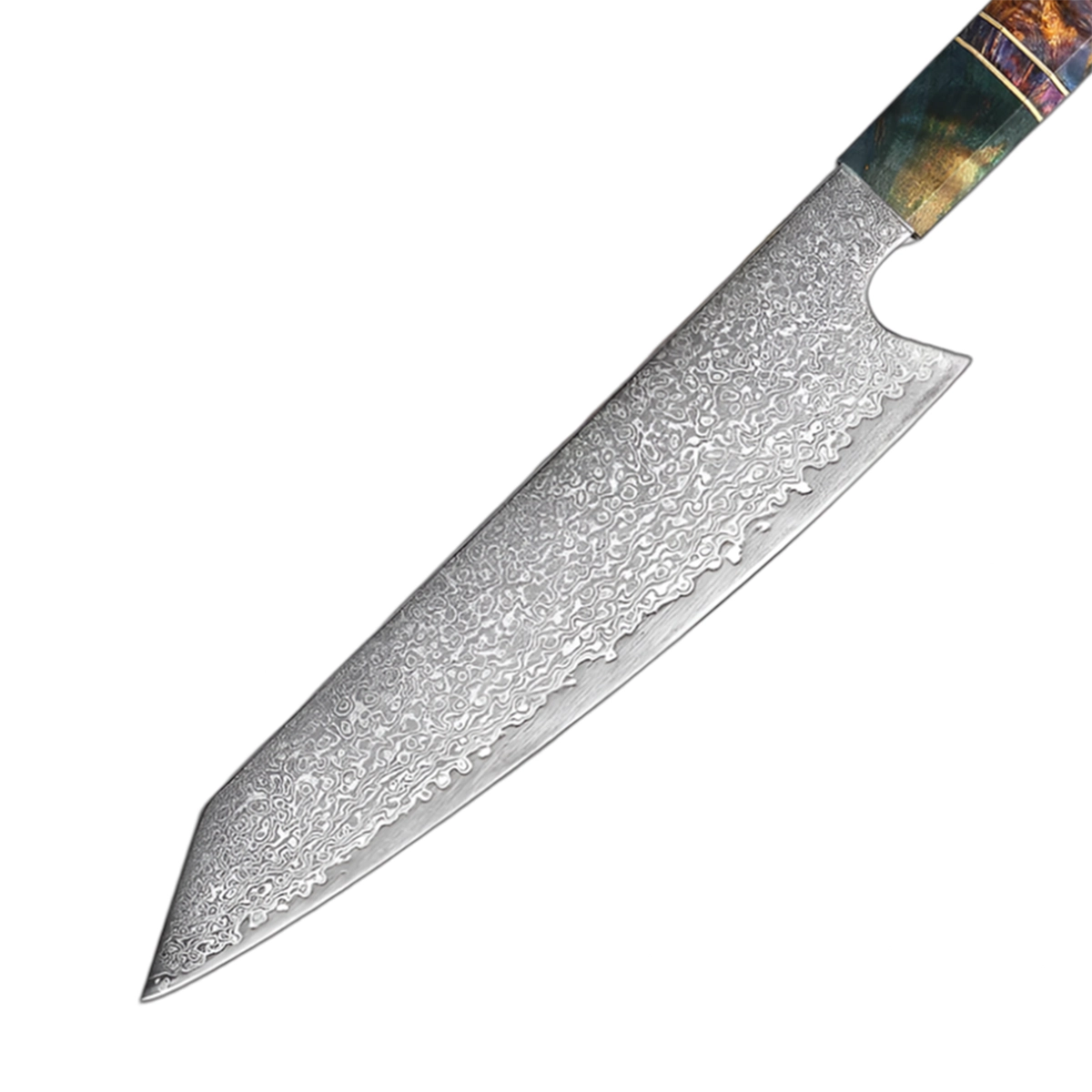 8 Inch Damascus Kiritsuke Knife With Octagonal Stabilized Wood Handle