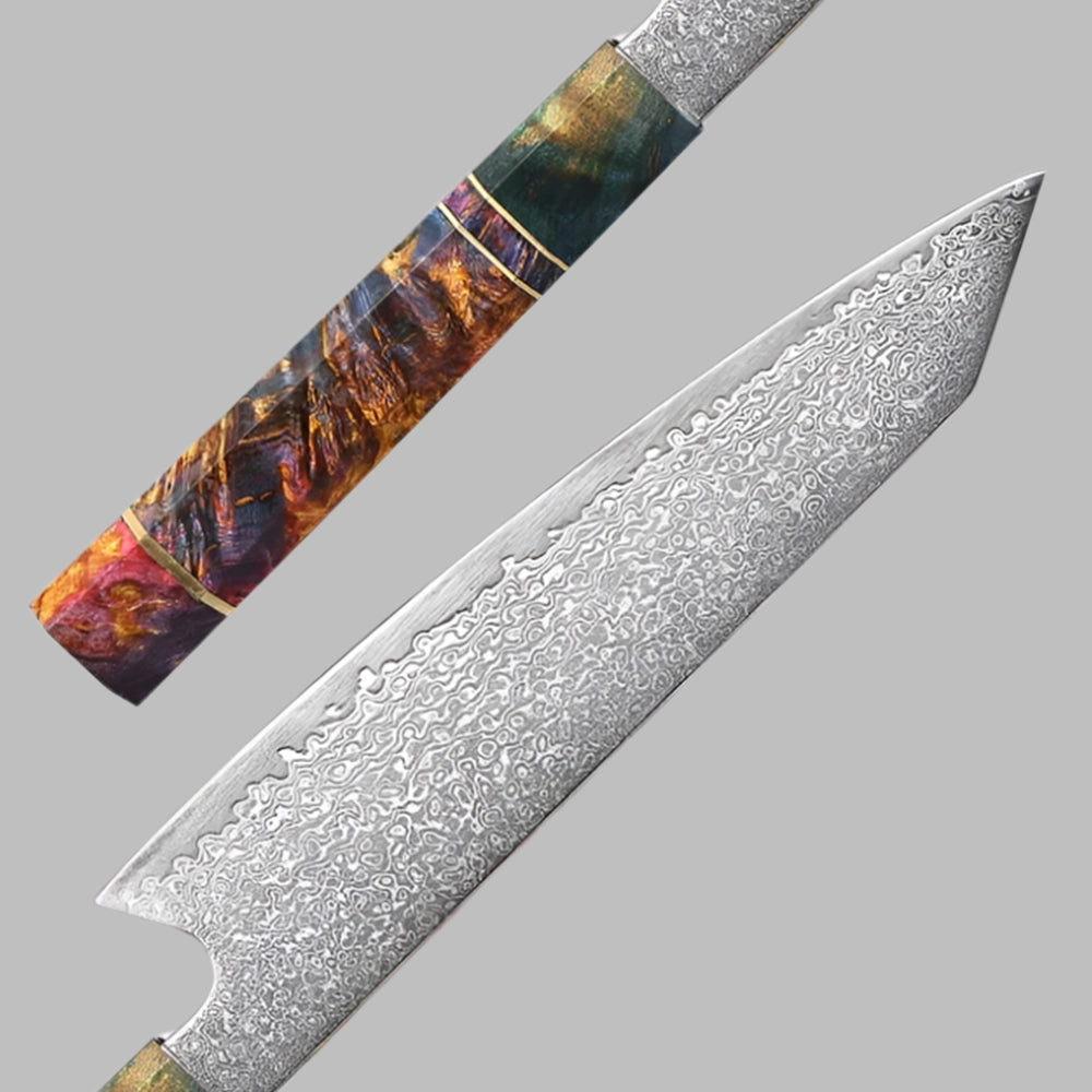 8 Inch Damascus Kiritsuke Knife With Octagonal Stabilized Wood Handle
