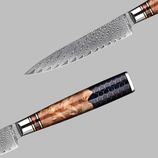 5 Inch Damascus Utility Knife with Honeycomb Resin Wood Handle