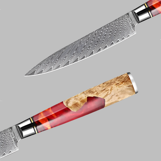 5 Inch Versatile Damascus Utility Kitchen Knife With Red Resin Handle